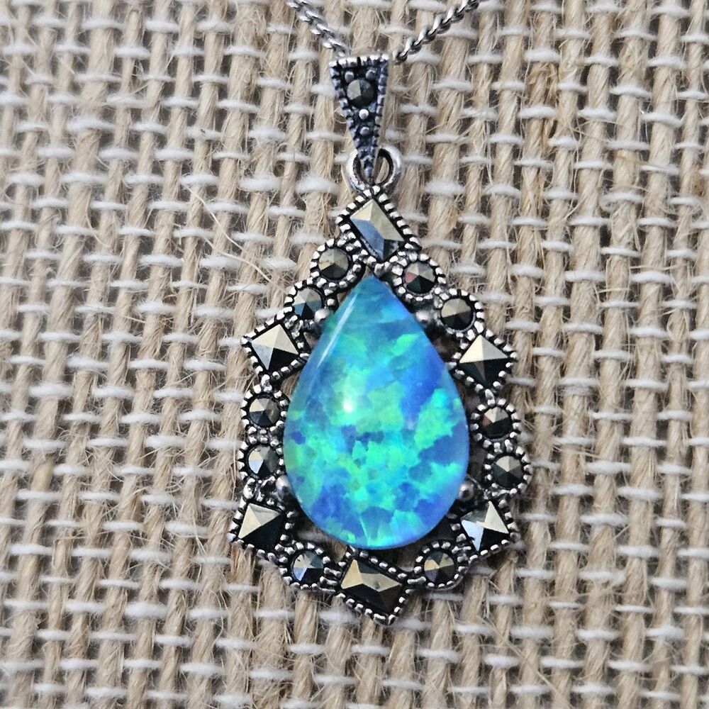 Vintage SLC 925 Sterling Silver Blue Opal Teardrop Marcasite Pendant Necklace...